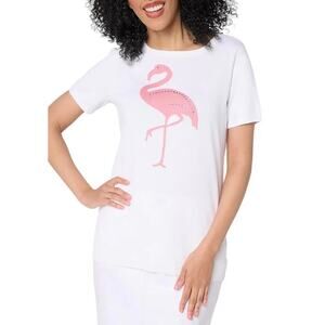 Belle Beach by Kim Gravel Flamingo Embellished Sweater Large White Short Sleeve